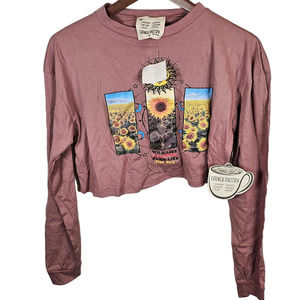 NEW French Pastry Crop Top Shirt Junior Size Small Pink Sunflowers Long Sleeve